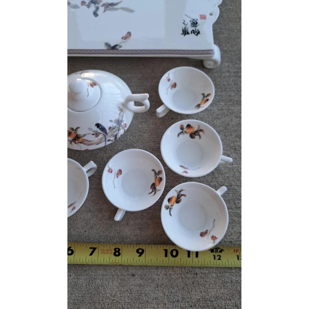 Demeilan Fine Bone China VTG Chinese Miniature Tea Set Teapot Creamer 6 Cup Tray